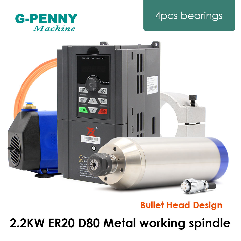 2.2Kw Water Cooled Spindle Kit Vfd - ชุดมอเตอร์สปินเดิลระบายความร้อนด้วยน้ำ 2.2kw ER20 D80 สำหรับงานโลหะ ใช้กับอินเวอร์เตอร์